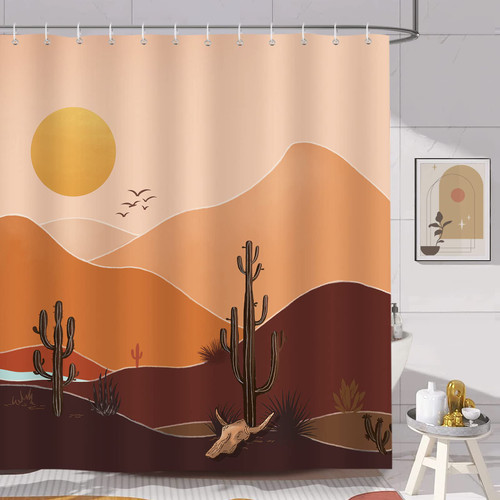 Bonhause Boho Mountain Cactus Shower Curtain 72 x 72 Inch Mid Century Modern Abstract Sunset Decorative Bath Curtain Polyester Fabric Waterproof Bathroom Curtain with 12 Hooks