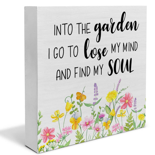 Spring Gardening Wooden Box Sign Farmhouse Garden Quote Wood Box Sign Art Blocks Desk Sign Rustic Plant Lady Signs for Shelf Tabletop Home Decor 5 X 5 Inch