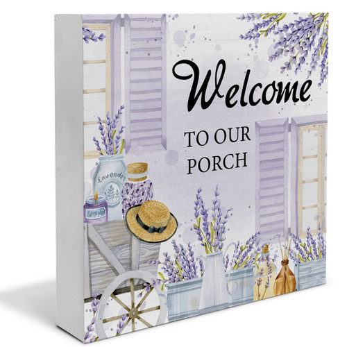 Welcome to Our Porch Spring Summer Wooden Box Sign Farmhouse Wood Box Sign Art Blocks Desk Sign Rustic Signs for Shelf Tabletop Home Decor 5 X 5 Inch