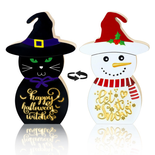 Reversible Halloween/Christmas Decorations Wooden Sign with LED Lights, Double-Sided Farmhouse Halloween/Christmas Light Up Wooden Block Sign for Table Centerpiece Mantle Shelf Tiered Tray