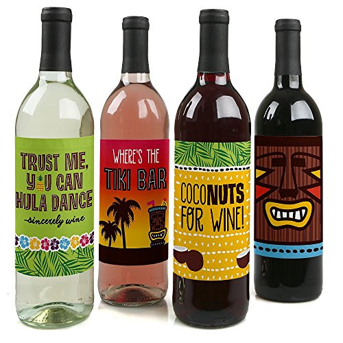 Tiki Luau - Tropical Hawaiian Summer Party Wine Bottle Label Stickers - Set of 4