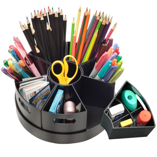 PUZZLE EZ Black Caddies for Classroom Supplies | Lazy Susan Art Supplies Caddy for Classroom Organization | Rotating Kids Desk Organizer | Crayon, Pencil, Marker, Craft Caddy for Office, Home & School