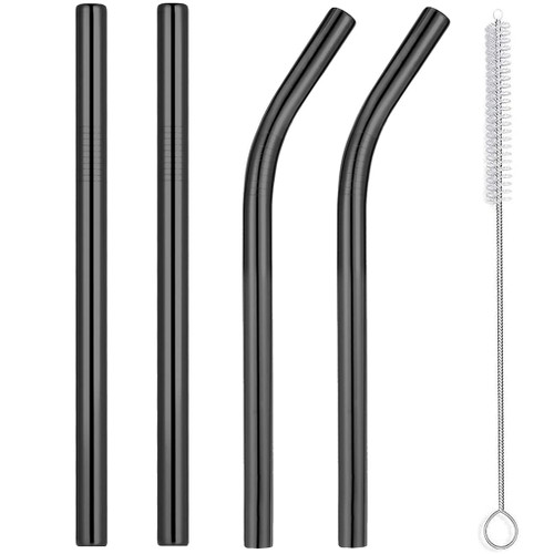 Vinaco Reusable Smoothie Straws & Milkshake Straws 0.4" Wide Mouth Straw, Set of 4 Stainless Steel Straws 8.5"&10.5" with 1 Long Straw Cleaner Brush?Black Metal Straws for Jumbo Thicker Drinks