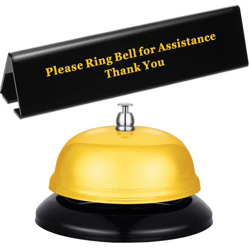 Desk Service Dinner Bell Metal Construction Call Bell and Double-side No Receptionist Sign Please Ring Bell Sign for Service Assistance for Hotels Schools Restaurants Reception Areas (Yellow Bell)