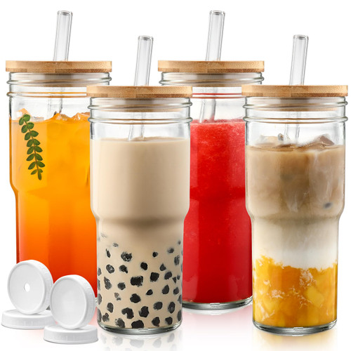 DWTS DANWEITESI Mason Jar with Lid and Straw,24oz Glass Cups with Lid and Straws?4 Pack?,Boba Cups Smoothie Tumbler-Wide Mouth Reusable Iced Coffee Cup with Bamboo Lid and Straw