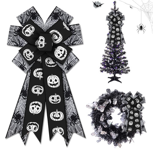 Estivaux Large Halloween Bows for Wreath, Halloween Pumpkin Wreath Bows Black Grey Burlap Bows Spider Web Bows Holiday Tree Topper Bows for Front Door Halloween Party Decorations