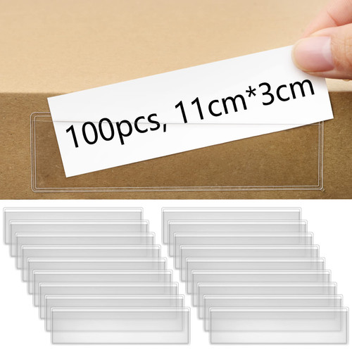 100 Pack Label Holders Adhesive Shelf Tag, 1.2 x 4.3 Inch Clear Pockets Holder for Bookshelf Mailbox Business Supermarket School Library