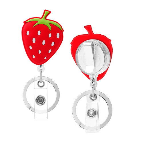 Kawaii Retracatable ID Name Card Strawberry Badge Holder Cartoon ID Keychain Holder with Clip of Offices(Strawberry)