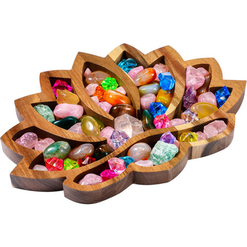 Lotus Crystal Tray for Stones Crystals and Healing Stones Flower Wooden Crystal Storage Holder Tray Lotus Shape Decorative Display Trays Crystal Organizer Bowl for Jewelry Stones Decor