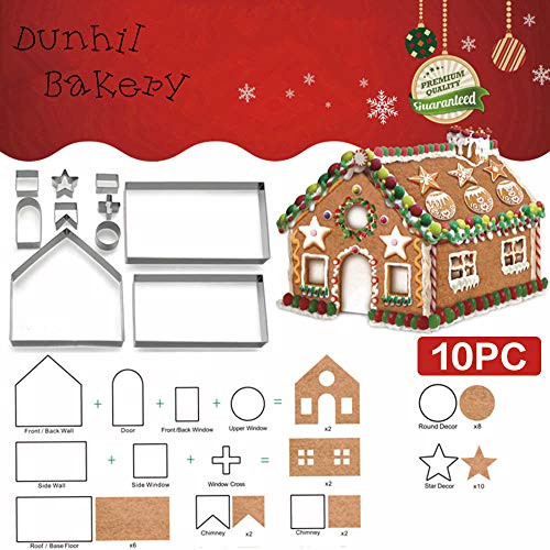 10 Pcs Christmas Red House Cookie Cutter Set, Gingerbread cookie Mold kit, Chocolate House, Haunted House, Gift Box Packaging (Christmas House)