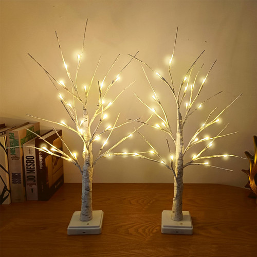 Pete Mici 2 Pack White Birch Tree with LED Lights 2FT 24 LED Battery Operated&USB Powered Warm White Lighted Artificial Bonsai Tree Lamp for Wedding Home Decoration