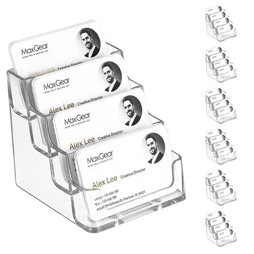 MaxGear Clear Business Card Holder 4 Pocket Business Card Display, Acrylic Business Card Stand Holders for Desk or Counter with 4 Tier, 960 Card Capacity, 6 Pack