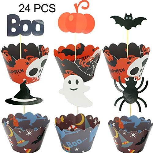 YuBoBo Halloween Cake Picks Cupcake Toppers Wrappers, Cupcake Liners,24 Pieces Pumpkin Boo Elf/Ghost Spider Witchs Hat, Bat Food Decoration Party Suppliers