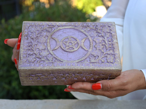 DharmaObjects Triple Moon Hand Carved Jewelry Trinket Keepsake Wooden Storage Box (Purple, Large)