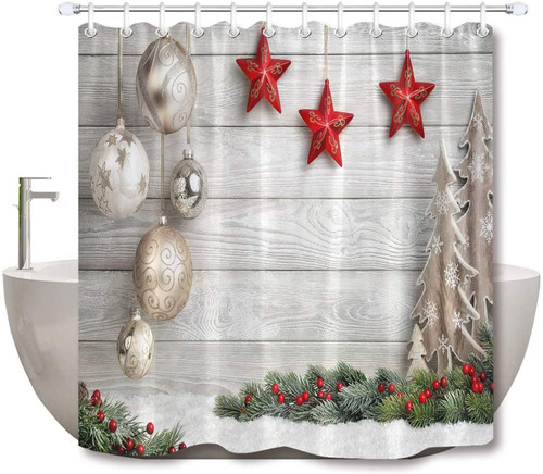 LB Farmhouse Christmas Shower Curtains for Bathroom Silver Grey Balls Stars Christmas Tree Winter Snow Rustic Wooden Shower Curtain with Hooks Decor 72x78 inch Extra Long Polyester Fabric Waterproof LB Farmhouse Christmas Shower Curtains for Bathroom Silver Grey Balls Stars Christmas Tree Winter Snow Rustic Wooden Shower Curtain with Hooks Decor 72x78 inch Extra Long Polyester Fabric Waterproof