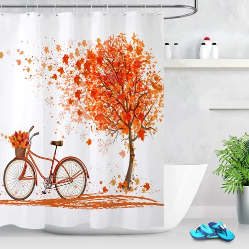 LB Fall Leaf Shower Curtain,Autumn Maple Tree Bicycle Rustic Bathroom Curtain with Hooks 60x72 inch Waterproof Polyester Fabric Bathroom Decorations