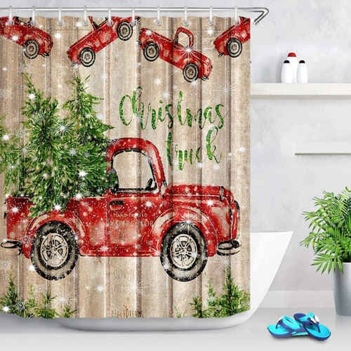 LB Christmas Farm Red Pickup Truck Shower Curtain Winter Pine Tree Snowflake Rustic Wood Farmhouse Bathroom Curtain with Hooks 60x72 inch Waterproof Polyester Fabric Bathroom Decorations