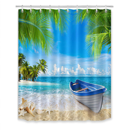 LB Tropical Summer Beach Shower Curtain Hawaiian Seaside Palm Leaf Boat Starfish Turquoise Blue Ocean Sea Shower Curtains for Bathroom with Hooks 60x72 inch Waterproof Polyester Fabric Bathroom Decor