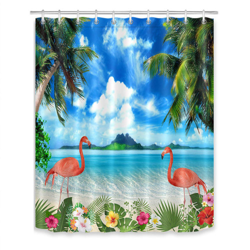 LB Summer Ocean Sea Beach Shower Curtain Tropical Flamingo Palm Leaf Floral Botanical Shower Curtains for Bathroom with Hooks 60x72 inch Waterproof Polyester Fabric Bathroom Decorations