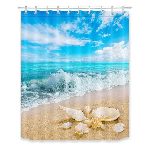 LB Tropical Beach Starfish Seashell Conch Shower Curtain Summer Blue Ocean Wave Shower Curtains for Bathroom with Hooks 60x72 inch Waterproof Polyester Fabric Bathroom Decorations