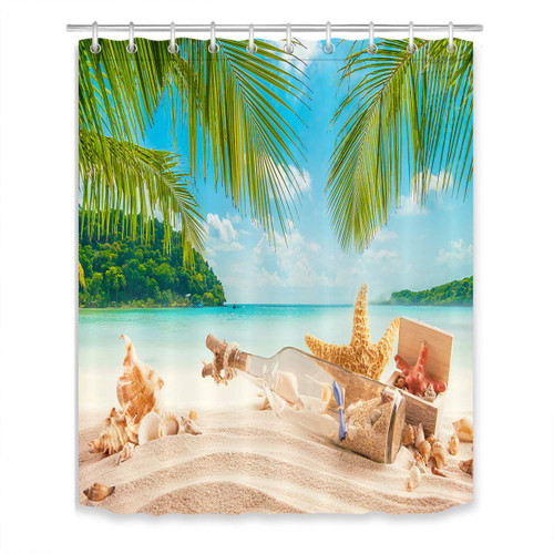 LB Tropical Beach Palm Leaf Shower Curtain Hawaii Theme Ocean Sea Marine Life Starfish Shower Curtains for Bathroom with Hooks 60x72 inch Waterproof Polyester Fabric Bathroom Decorations
