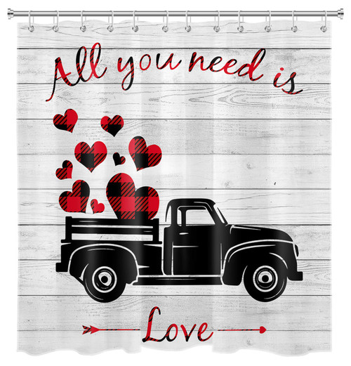 LB Farmhouse Truck Shower Curtains for Bathroom Black Red Plaid Check Heart All You Need is Love Rustic Grey Wood Shower Curtain Set with Hooks Decor 72x78 inch Extra Long Waterproof Polyester Fabric