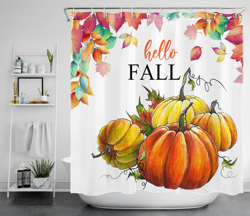 LB Hello Fall Shower Curtain, Yellow Falling Mable Leaves Autumn Pumpkins Shower Curtains for Bathroom Harvest Thanksgiving Decorations Shower Curtains Waterproof Polyester Fabric 72X78 Inches