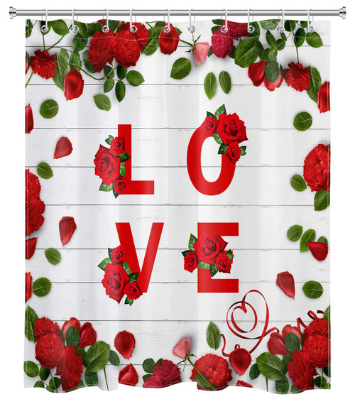 LB Red Rose Flower Shower Curtain Love Quotes Rose Floral Green Leaves Spring Rustic Wood Valentines Day Shower Curtains for Bathroom Decorations Set with Hooks 59x72 inch Waterproof Polyester Fabric