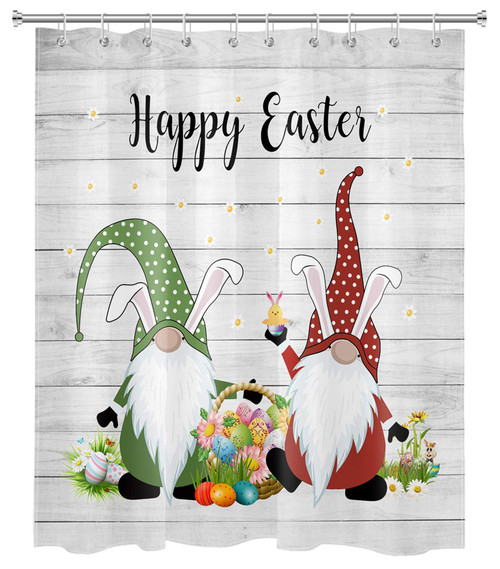 LB Easter Bunny Gnome Shower Curtain Easter Eggs Rabbit Shower Curtains,Spring Daisy Flower Grass Rustic Wood Farmhouse Bathroom Decorations with Hooks 58x72 inch Waterproof Polyester Fabric