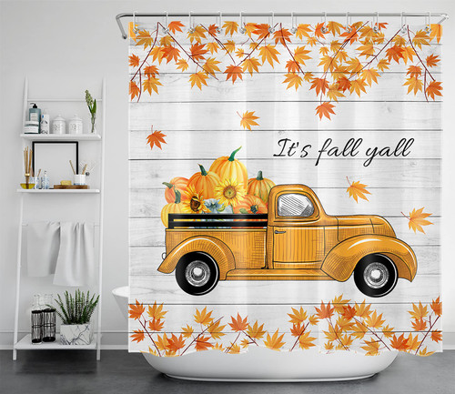 LB Fall Shower Curtains for Bathroom Farmhouse Shower Curtain Autumn Harvest Pumpkins on Orange Truck Rustic Maple Leaf Fall Bathroom Decor Grey Bath Curtain Waterproof Polyester Fabric, 72X78 Inch