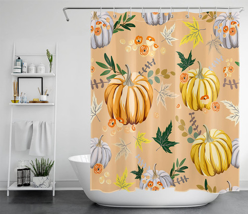 LB Watercolor Pumpkins Shower Curtain, Fall Shower Curtains for Bathroom Orange Autumn Harvest Maple Leaves Thanksgiving Fabric Shower Curtain with Floral Decor Waterproof Polyester Fabric, 60X72 Inch