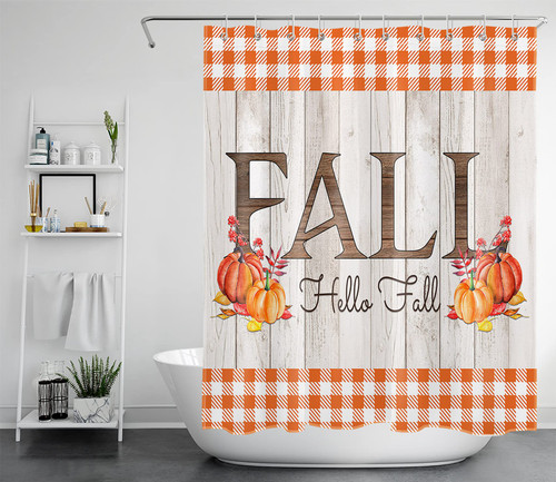 LB Fall Shower Curtains for Bathroom with Pumpkin Rustic Wood Maple Leaf Autumn Decor Orange White Plaid Shower Curtain Thanksgiving Holiday Farmhouse Grey Bath Curtain Polyester Fabric, 60X72 Inch