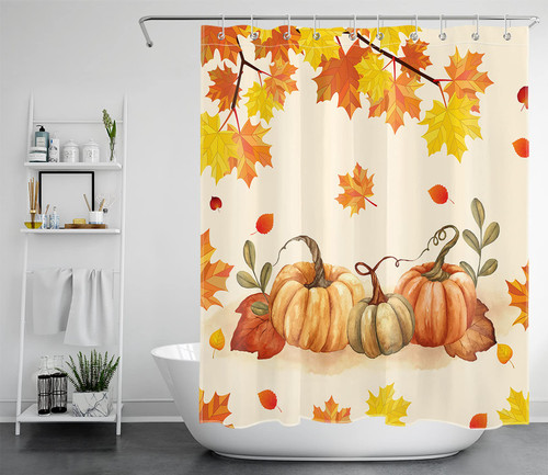 LB Fall Pumpkins Shower Curtain with Hooks Autumn Maple Leaves Watercolor Harvest Shower Curtain for Bathroom Thanksgiving Holiday Orange Fabric Shower Curtains Fall Bathroom Decor, 60X72 Inch
