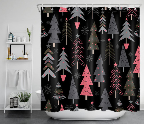 LB Christmas Tree Shower Curtain Minimalist Pink Grey Pine Trees Shower Curtains for Bathroom with Snowflake Decor Winter Black Festive Happy New Year Bath Curtain Polyester Fabric, 72X72 Inch