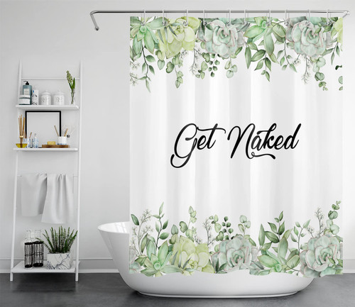 LB Get Naked Shower Curtains for Bathroom Floral Green Leaves Shower Curtain Spring Botanical Plant Flowers Bath Curtain with Hooks Easy Care Durable Waterproof Polyester Fabric, 60X72 inch