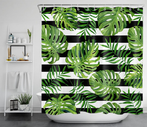 LB Tropical Leaves Shower Curtain, Jungle Green Plant Monstera and Palm Leaf on Black and White Striped Shower Curtain with Hooks, Summer Botanical Bathroom Curtain, 72"x 78"