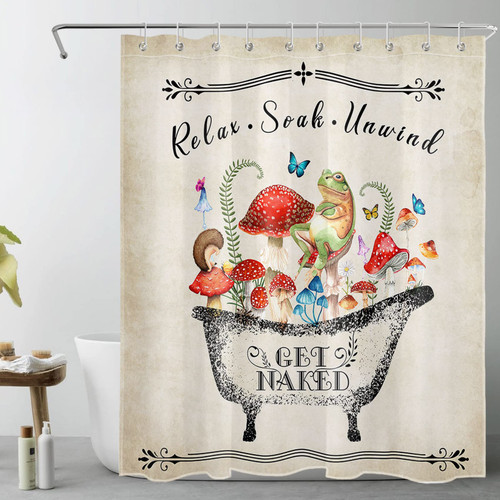 LB Mushroom Shower Curtain for Bathroom,Funny Frog with Blue Butterfly Country Botanical Fabric Shower Curtain with Hooks,Vintage Farmhouse Bathroom Curtains Shower Set, 60x72 inches