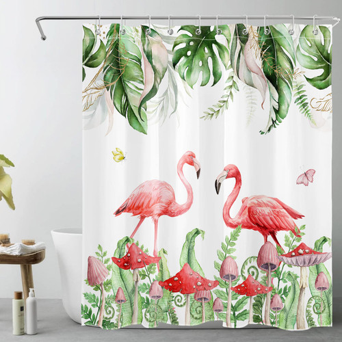 LB Pink Flamingo Shower Curtain for Bathroom,Vintage Mushroom and Butterfly Nature Green Plant Fabric Shower Curtain with Hooks,Tropical Leaf Bathroom Curtains Shower Set, 60x72 inches