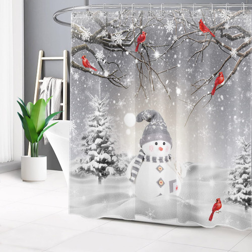 Winter Christmas Snowman Shower Curtain for Bathroom, Cardinals on Pine Tree Branches Forest Snow Scene Snowflake Fabric Shower Curtain with Hooks, Grey Bathroom Curtains Shower Set, 72x78 inches