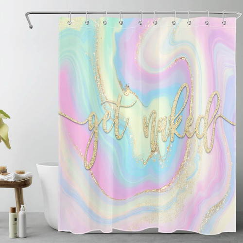 Modern Abstract Marble Shower Curtain for Bathroom, Blue and Gold Marble Textured Funny Quotes Get Naked Fabric Shower Curtain with Hooks, Colorful Pastel Bathroom Curtains Shower Set, 60x72 inches
