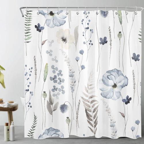 LB Blue Floral Shower Curtain Decor,Abstract Watercolor Floral and Green Leaf Rustic Botanical Shower Curtains for Bathroom 72X78 inch Polyester Fabric Bathroom Decoration Bath Curtains Hooks Included