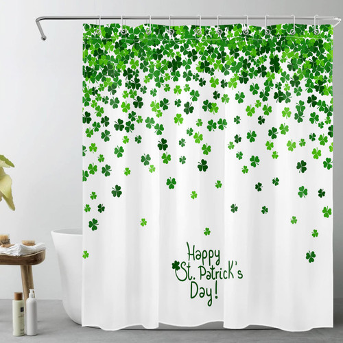 Happy St. Patrick's Day Shower Curtain Decor,Irish Green Clover Shamrock Leaf Spring Holiday Shower Curtains for Bathroom 60X72 inch Polyester Fabric Bathroom Decoration Bath Curtains Hooks Included