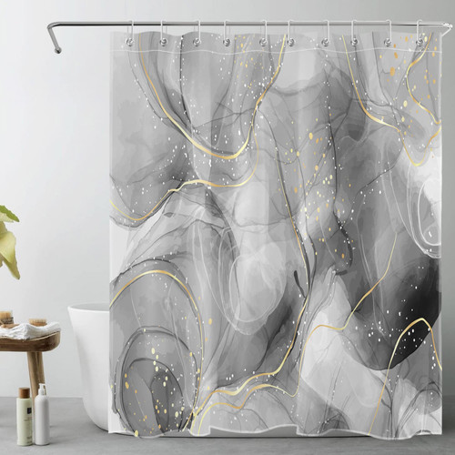 LB Grey Marble Shower Curtain Decor,Modern Abstract Grey and Gold Marble Texture Shower Curtain for Bathroom 60X72 inch Polyester Fabric Bathroom Decoration Bath Curtains Hooks Included