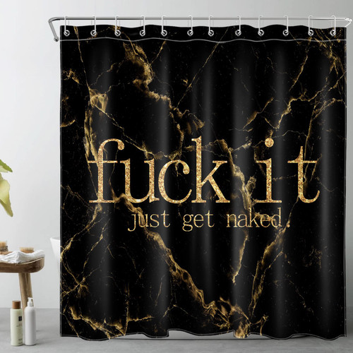 Black and Gold Marble Shower Curtain Decor, Funny Quotes Fuck It Get Naked Marble Abstract Art Shower Curtain for Bathroom 72X72 inch Polyester Fabric Bathroom Decoration Bath Curtains Hooks Included
