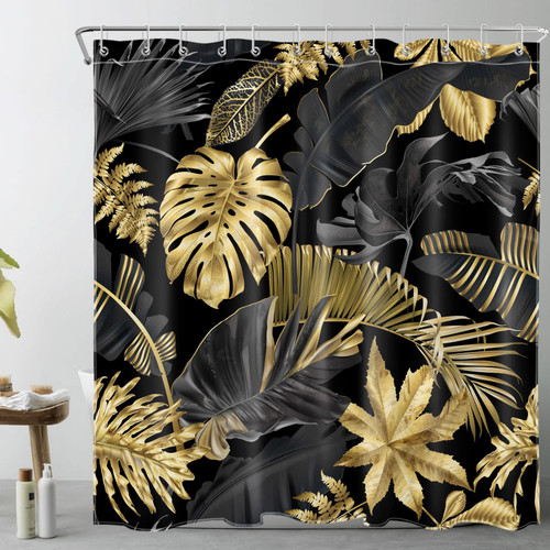 LB Black and Gold Shower Curtain Decor,Banana Palm Leaf and Monstera Tropical Plant Shower Curtain for Bathroom 72X78 inch Polyester Fabric Bathroom Decoration Bath Curtains Hooks Included