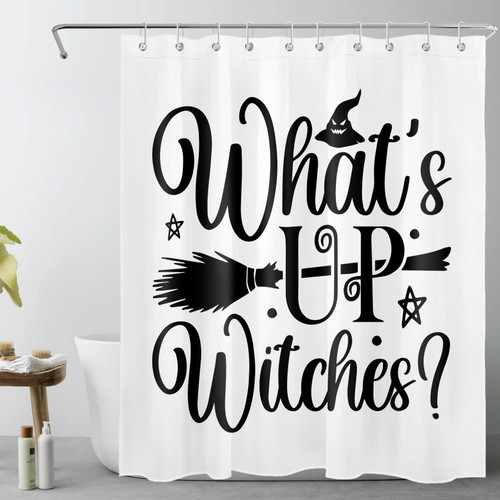 LB Halloween Witch Shower Curtain Decor, Funny Quote What's up Witches Broom and Magic Hat Shower Curtain for Bathroom 60X72 inch Polyester Fabric Bathroom Decoration Bath Curtains Hooks Included LB Halloween Witch Shower Curtain Decor, Funny Quote What's up Witches Broom and Magic Hat Shower Curtain for Bathroom 60X72 inch Polyester Fabric Bathroom Decoration Bath Curtains Hooks Included