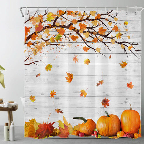 LB Fall Harvest Shower Curtain for Bathroom,Thanksgiving Orange Pumpkin and Falling Maple Leaf Fabric Shower Curtain with Hooks,Rustic Vintage Grey Wood Bathroom Curtain Shower Set, 72x78 inches