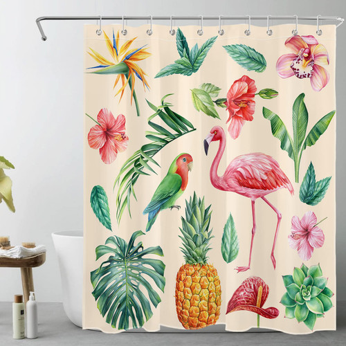 LB Pink Flower and Flamingo Shower Curtain for Bathroom,Tropical Succulent with Monstera Banana Leaf on Beige Fabric Shower Curtain with Hooks,Green Plant Bathroom Curtain Shower Set, 60x72 inches