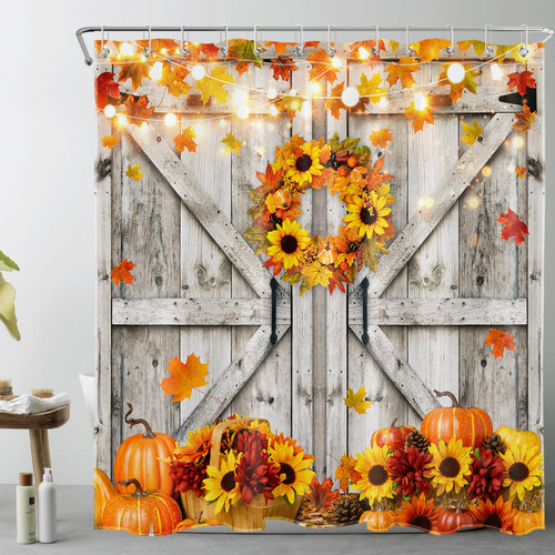 LB Western Fall Harvest Shower Curtain for Bathroom,Thanksgiving Orange Pumpkin Sunflower and Maple Leaf Fabric Shower Curtain with Hooks,Vintage Barn Door Bathroom Curtain Shower Set, 72x72 inches