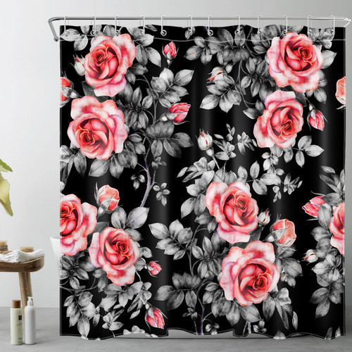 LB Watercolor Rose Flower Shower Curtain Decor, Red Floral with Grey Leaf on Black Shower Curtain for Bathroom 72x72 Inch Polyester Fabric Bathroom Decoration Bath Curtains Hooks Included